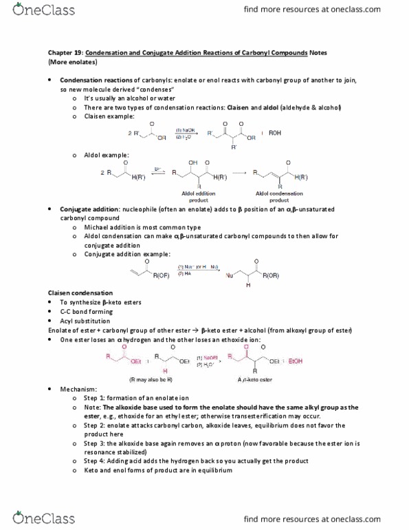 CHE 332 Chapter Notes - Chapter 19: Claisen Condensation, Aldol Reaction, Dieckmann Condensation thumbnail