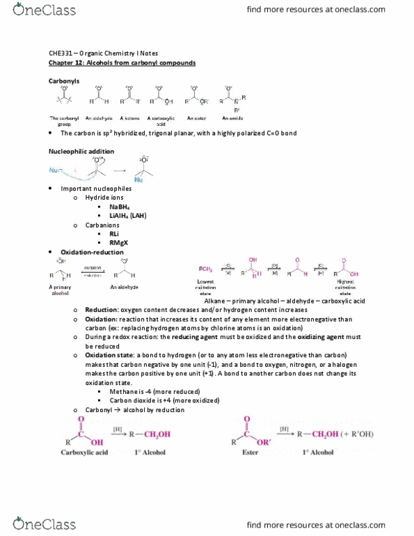 CHE 331 Chapter Notes - Chapter 12: Lithium Aluminium Hydride, Sodium Borohydride, Swern Oxidation thumbnail