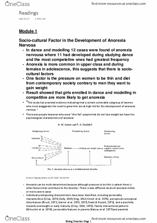 SOWK 2025 Chapter Notes - Chapter module 1 reading summaries: Anorexia Nervosa, Eating Disorder, Bulimia Nervosa thumbnail