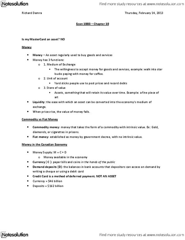ECON 1BB3 Lecture Notes - Bank Reserves, Debit Card, Commodity Money thumbnail