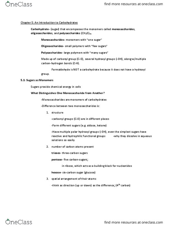 BIOL 1107 Chapter Notes - Chapter 5: Monosaccharide, Oligosaccharide, Hexose thumbnail