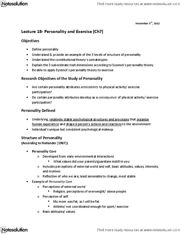 Kinesiology 2276F/G Lecture Notes - Lecture 18: Somatotype And Constitutional Psychology, Autonomic Nervous System, Psychoticism thumbnail