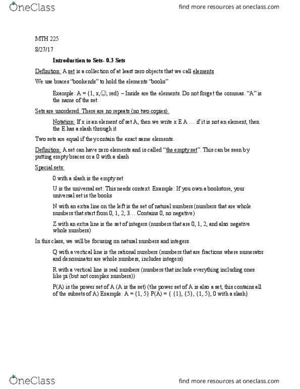 MTH 225 Lecture Notes - Lecture 1: Empty Set thumbnail