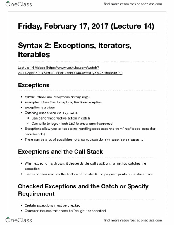 COMPSCI 61B Lecture Notes - Lecture 14: Call Stack, Stack Trace, Exception Handling thumbnail