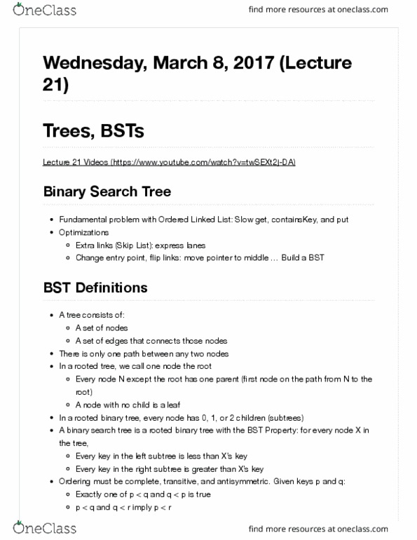 COMPSCI 61B Lecture Notes - Lecture 21: Binary Tree, Binary Search Tree, Linked List thumbnail