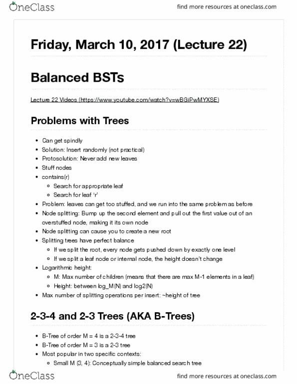 COMPSCI 61B Lecture Notes - Lecture 22: Self-Balancing Binary Search Tree, Binary Logarithm, Binary Tree thumbnail