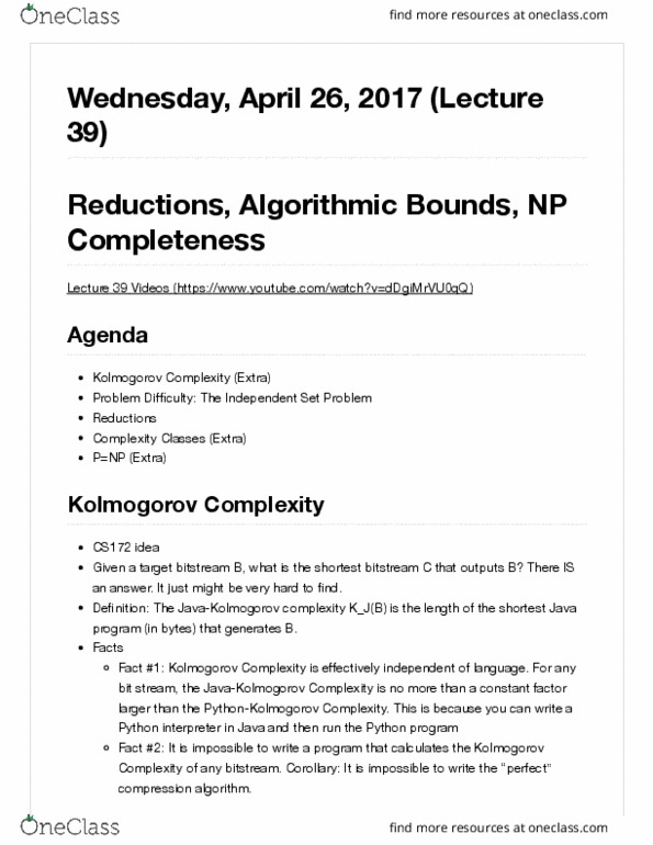 COMPSCI 61B Lecture Notes - Lecture 39: Kolmogorov Complexity, Complexity Class, Np-Completeness thumbnail