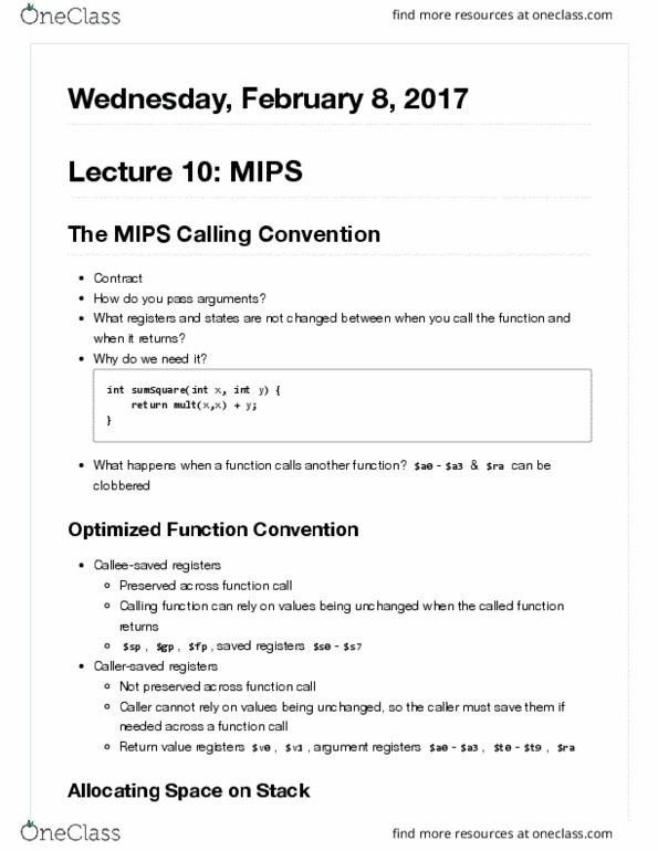 COMPSCI 61C Lecture Notes - Lecture 10: Call Stack, Exit Procedure, Memory Address thumbnail