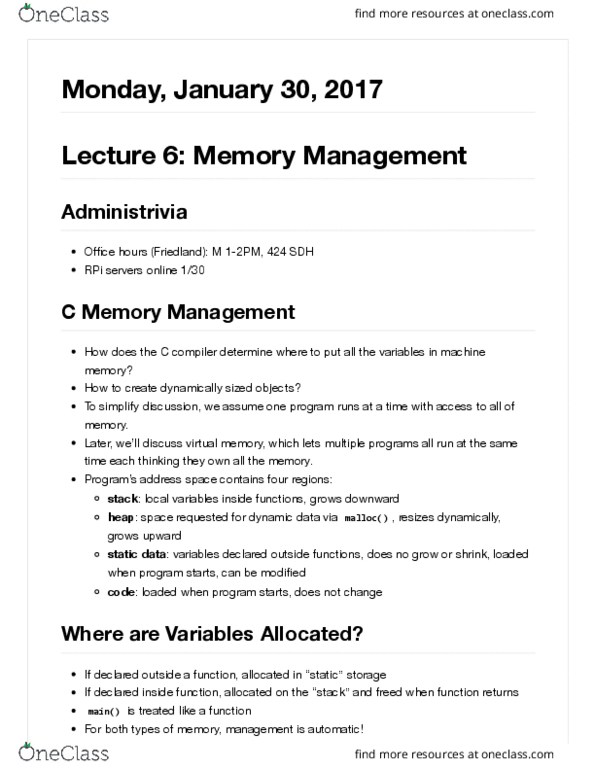 COMPSCI 61C Lecture Notes - Lecture 6: Call Stack, Uninitialized Variable, C Dynamic Memory Allocation thumbnail