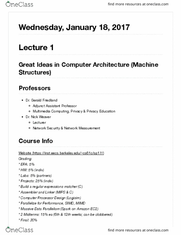 COMPSCI 61C Lecture Notes - Lecture 1: Mimd, Regular Expression, Computer Architecture thumbnail