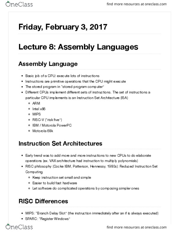 COMPSCI 61C Lecture Notes - Lecture 8: Motorola 68000 Series, Mips Instruction Set, Instruction Set thumbnail