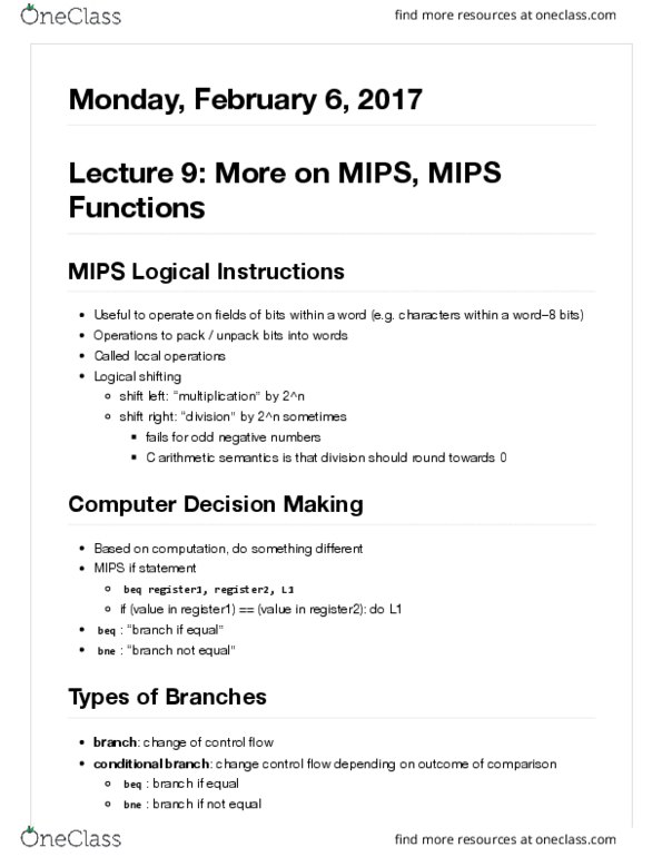 COMPSCI 61C Lecture Notes - Lecture 9: Program Counter, C Dynamic Memory Allocation thumbnail