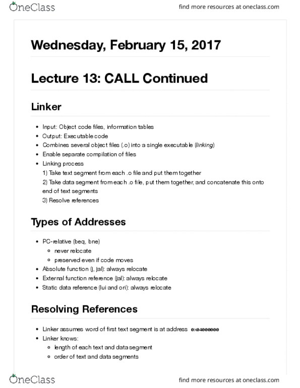 COMPSCI 61C Lecture Notes - Lecture 13: Data Segment, Object Code, Call Stack thumbnail