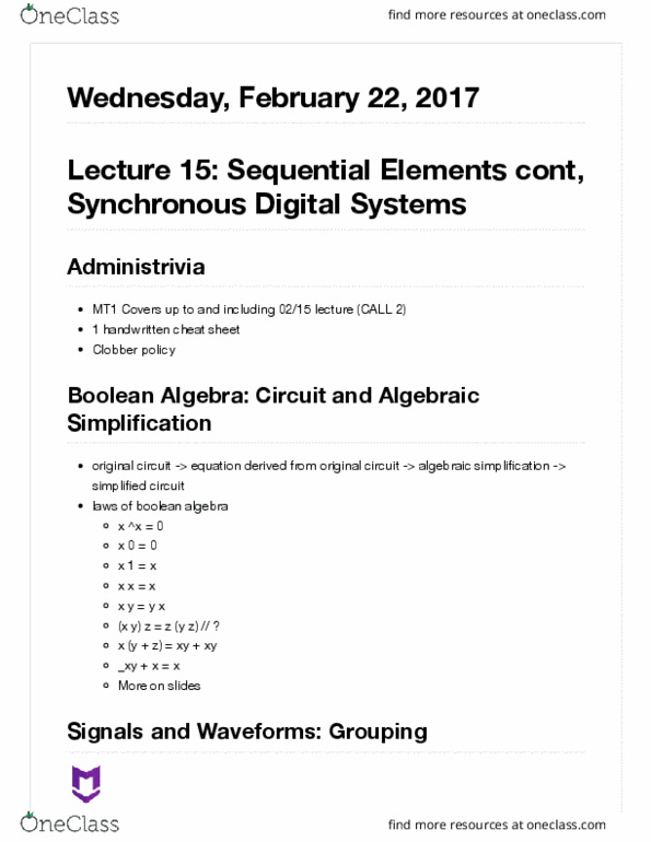 COMPSCI 61C Lecture Notes - Lecture 15: Arithmetic Logic Unit, Railways Act 1921, Square Wave thumbnail