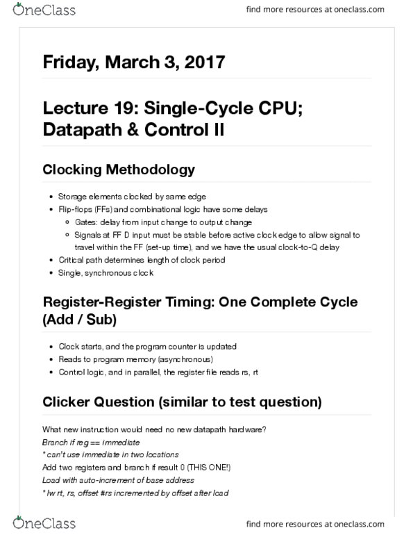 COMPSCI 61C Lecture Notes - Lecture 19: Datapath, Control Logic, Combinational Logic thumbnail