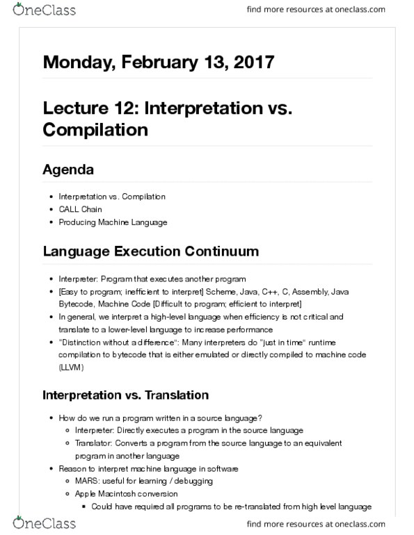 COMPSCI 61C Lecture Notes - Lecture 12: Java Bytecode, High-Level Programming Language, Llvm thumbnail