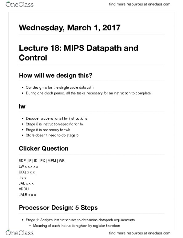 COMPSCI 61C Lecture Notes - Lecture 18: Datapath, Instruction Set, Program Counter thumbnail
