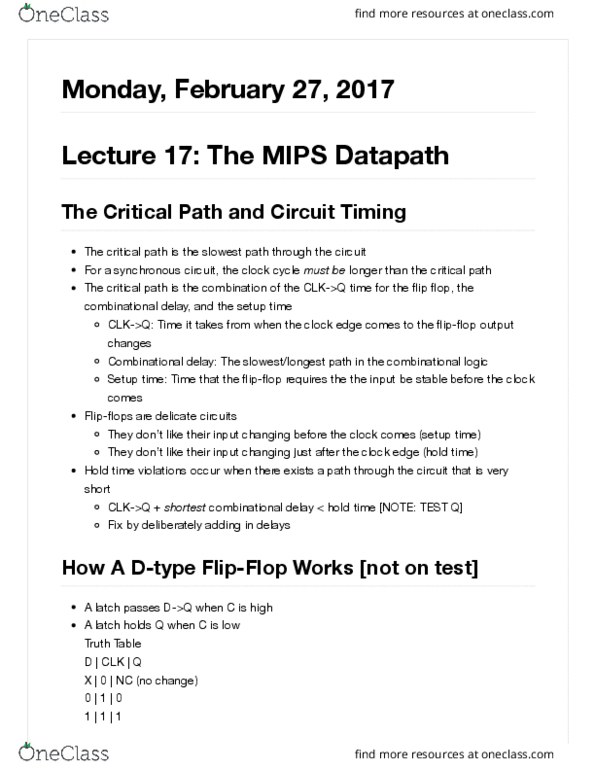 COMPSCI 61C Lecture Notes - Lecture 17: Datapath, Synchronous Circuit, Critical Path Method thumbnail