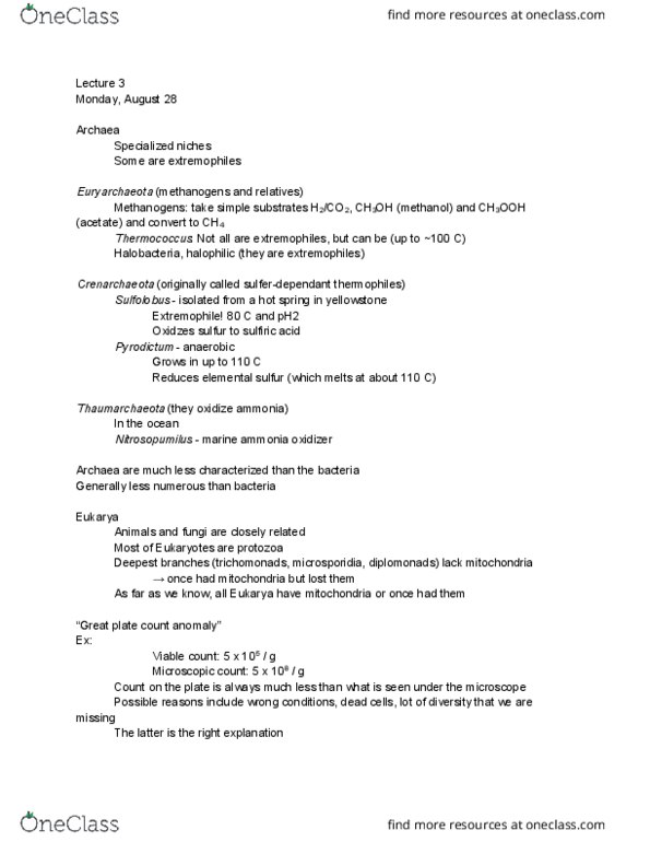 BIOMI 2900 Lecture Notes - Lecture 3: Nitrosopumilus, Thermococcus, Thaumarchaeota thumbnail