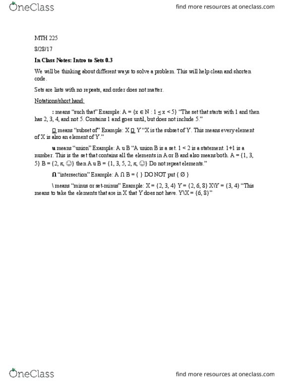 MTH 225 Lecture 1: In Class Notes 8.28- Intro to sets thumbnail