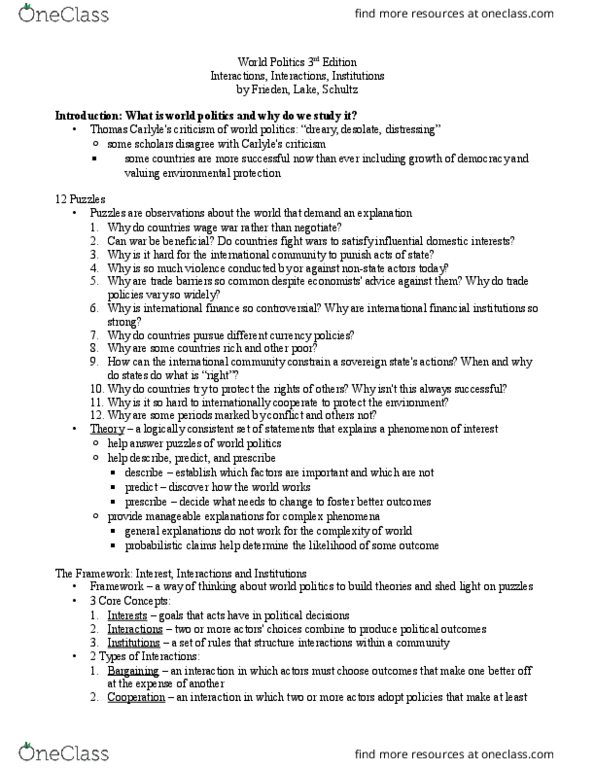 POLS 1301 Chapter Notes - Chapter Introduction: World Politics, Consistency thumbnail