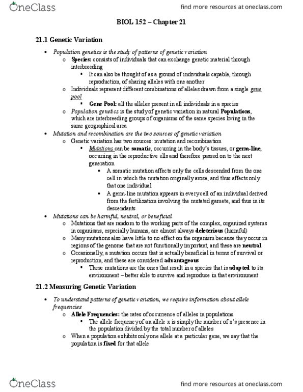 BIOL 152 Chapter Notes - Chapter 21: Germline Mutation, Allele Frequency, Genotype Frequency thumbnail