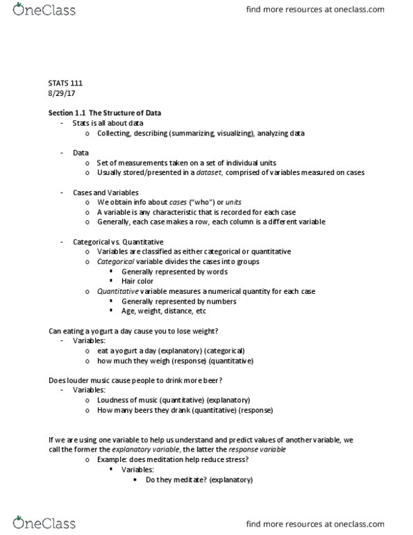 STAT 111 Lecture Notes - Lecture 1: Dependent And Independent Variables, Categorical Variable, Human Hair Color thumbnail