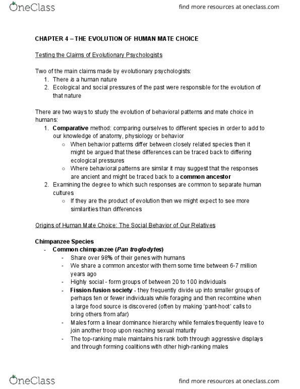 Psychology 3228 Chapter Notes - Chapter 4: Mate Choice, Yellow Baboon, Bipedalism thumbnail