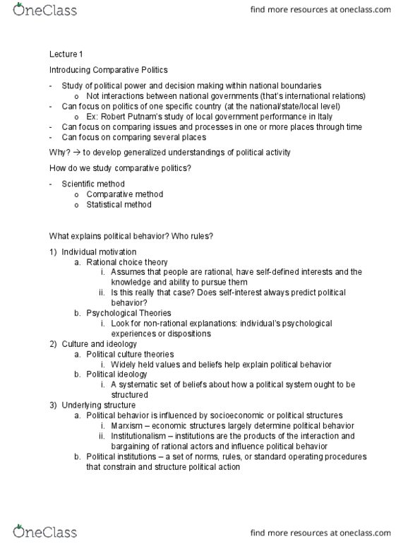 PS 210 Lecture Notes - Lecture 1: Theories Of Political Behavior, Comparative Politics thumbnail
