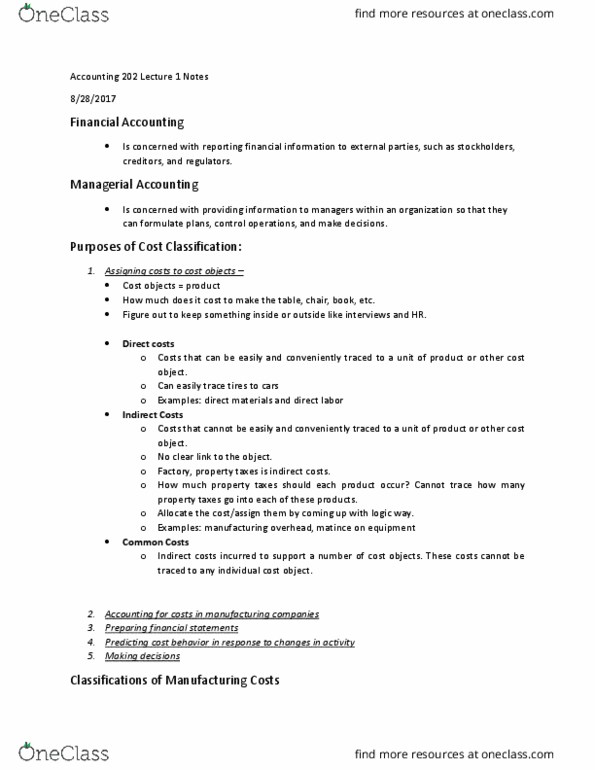 ACC 202 Lecture Notes - Lecture 1: Indirect Costs, Financial Statement, Opportunity Cost thumbnail