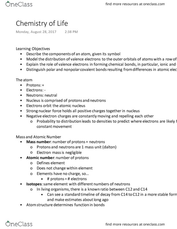 BIOL 141 Lecture Notes - Lecture 3: Electron Shell, Unpaired Electron, Atomic Nucleus thumbnail