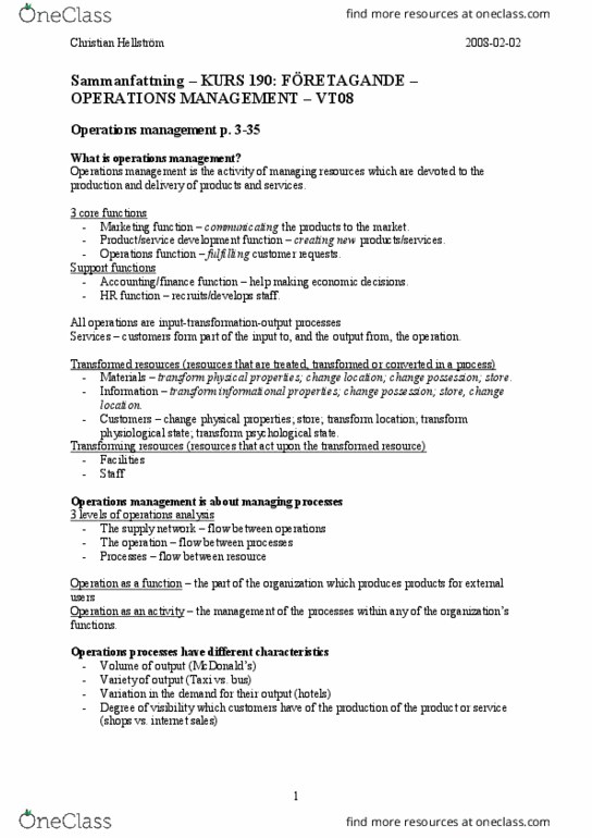 ITEC 4030 Lecture Notes - Lecture 10: Operations Management, Customer Service, Management Consulting thumbnail