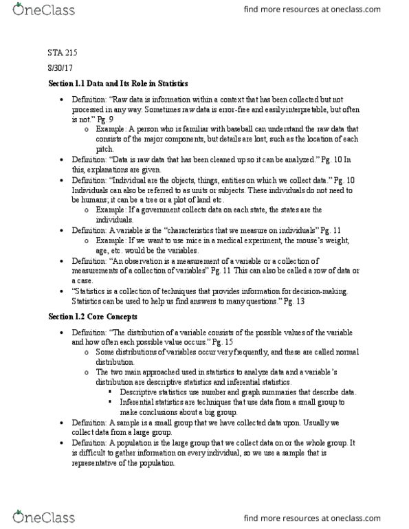 STA 215 Chapter Notes - Chapter 1.1 - 1.3, 1.13: Statistical Inference, Descriptive Statistics, Simple Random Sample thumbnail