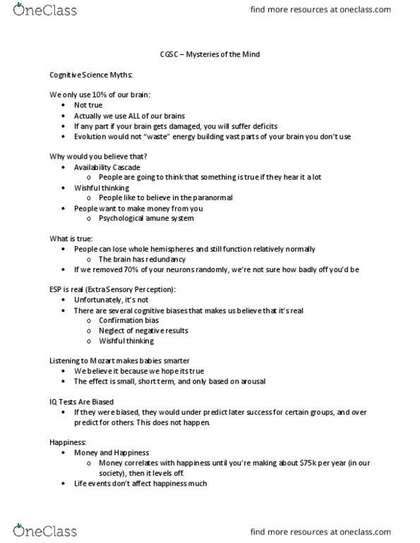 CGSC 1001 Lecture Notes - Lecture 12: Extrasensory Perception, Wishful Thinking, Confirmation Bias thumbnail