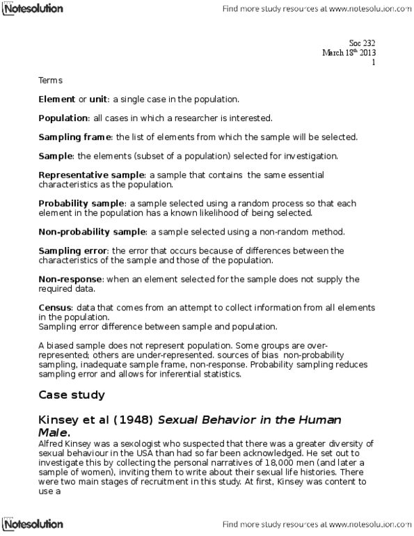 SOC 232 Lecture Notes - Stratified Sampling, Nonprobability Sampling, Cluster Sampling thumbnail