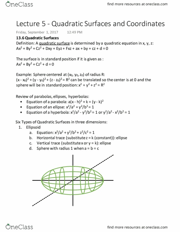 MATH 1920 Lecture Notes - Lecture 5: Paraboloid, Quadratic Equation, Spherical Coordinate System thumbnail