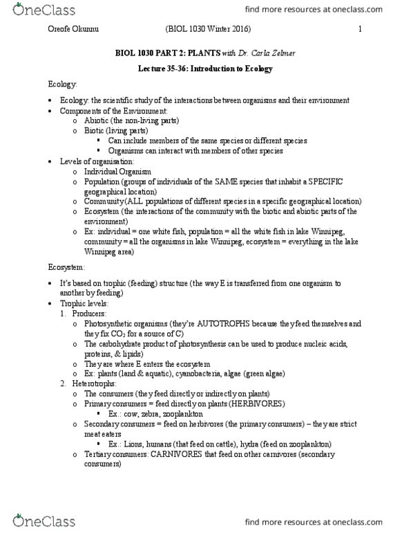 BIOL 1030 Lecture Notes - Lecture 35: Detritivore, Herbivore, Autotroph thumbnail