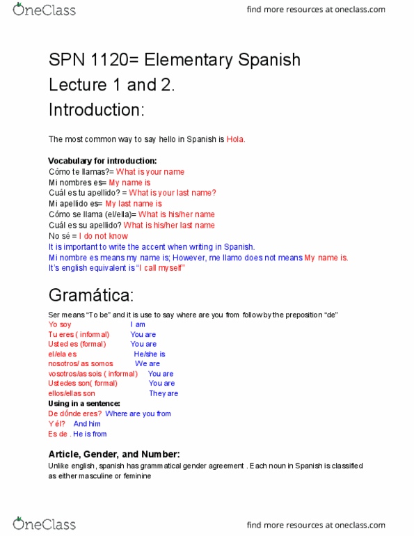 SPN-1120 Lecture Notes - Lecture 1: Grammatical Gender, Llama, Preposition And Postposition thumbnail