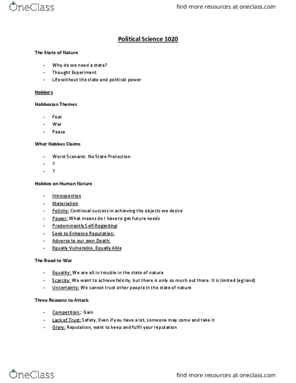 Political Science 1020E Lecture Notes - Lecture 2: Thomas Hobbes, Rationality, Materialism thumbnail