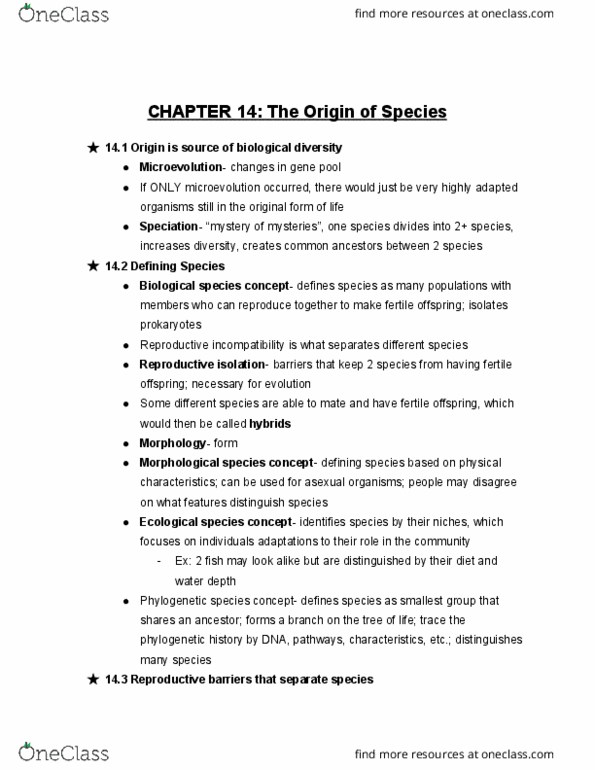 BIOL 1011 Chapter Notes - Chapter 14: Speciation, Reproductive Isolation, Microevolution thumbnail