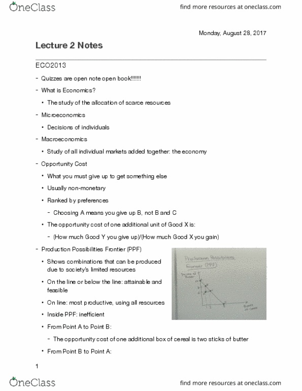 ECO 2013 Lecture Notes - Lecture 2: Opportunity Cost, The O.C., Peanut Butter thumbnail