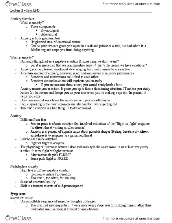 PSY340H5 Lecture Notes - Lecture 3: Generalized Anxiety Disorder, Panic Disorder, Prefrontal Cortex thumbnail