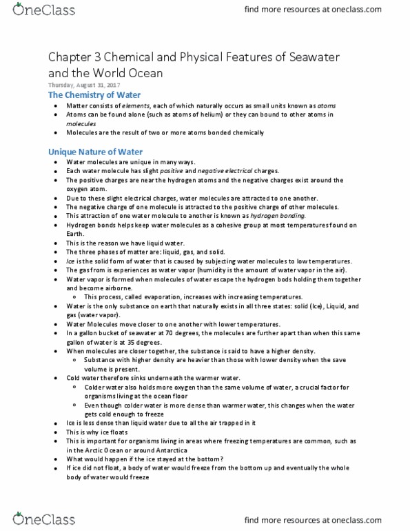 BIOL 1080 Lecture Notes - Lecture 3: Hydrogen Bond, Tide Pool, Solution thumbnail