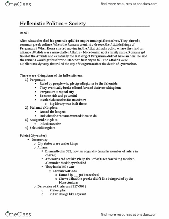 CLAS201 Lecture Notes - Lecture 15: Antigonid Dynasty, List Of Ancient Macedonians, Ptolemaic Kingdom thumbnail