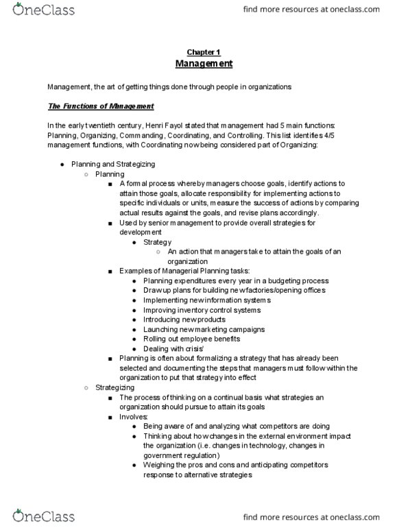 MGM101H5 Chapter Notes - Chapter 1: Henry Mintzberg, Henri Fayol, Production Planning thumbnail