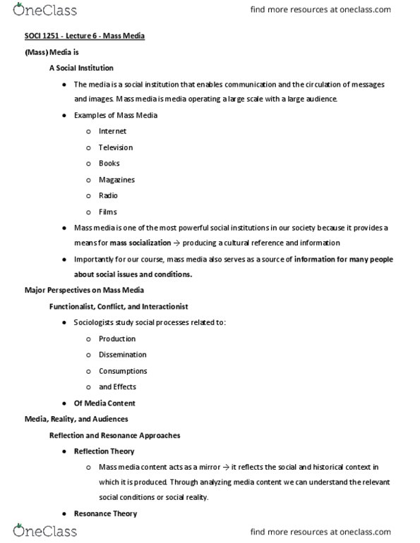 SOCI 1251 Lecture Notes - Lecture 6: Mass Media, Internet Television thumbnail