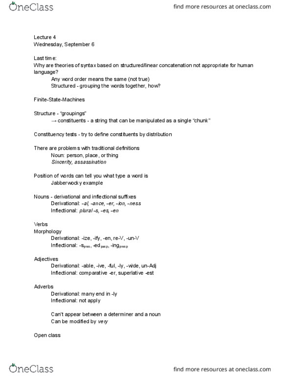 LING 3303 Lecture Notes - Lecture 4: Ditransitive Verb, Sentence Clause Structure, Part Of Speech thumbnail