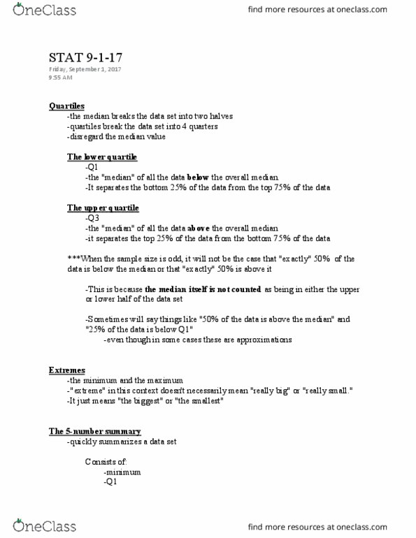 STAT 301 Lecture Notes - Lecture 6: Statistical Inference, Quartile, Squared Deviations From The Mean thumbnail