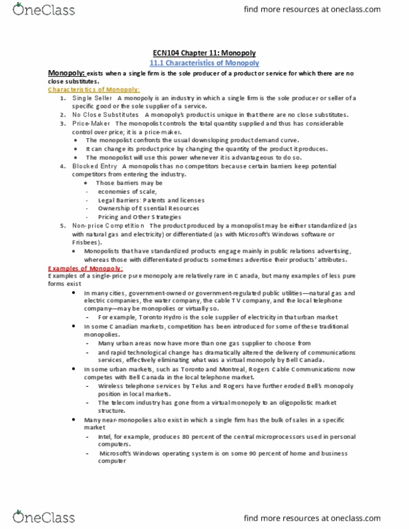 ECN 104 Chapter Notes - Chapter 11: Monopolistic Competition, Marginal Revenue, Profit Maximization thumbnail