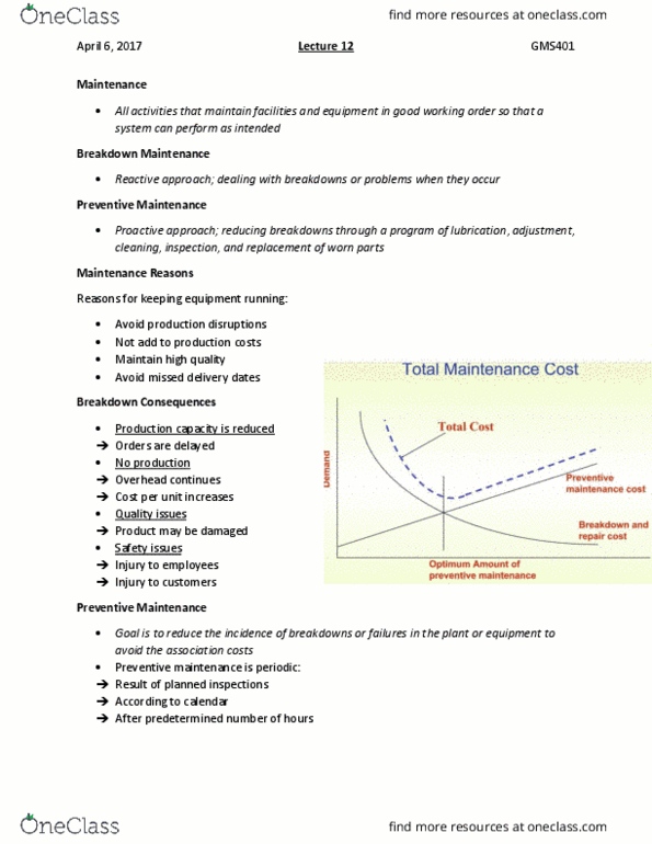 GMS 401 Lecture Notes - Lecture 12: Total Productive Maintenance, Preventive Maintenance thumbnail